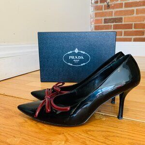 PRADA Black Patent Leather Heels With Maroon Bow, Size 41 US 11